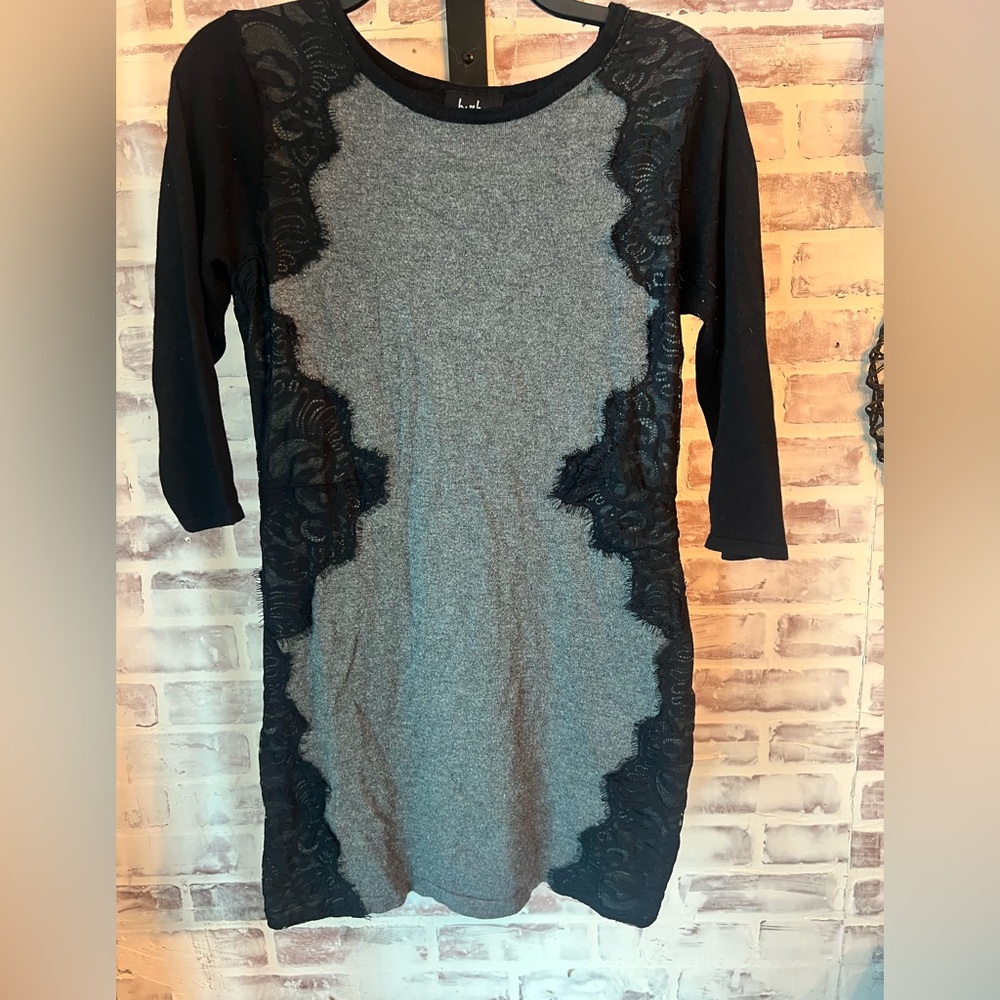 by & by Black and Gray Lace Long Sleeve Dress